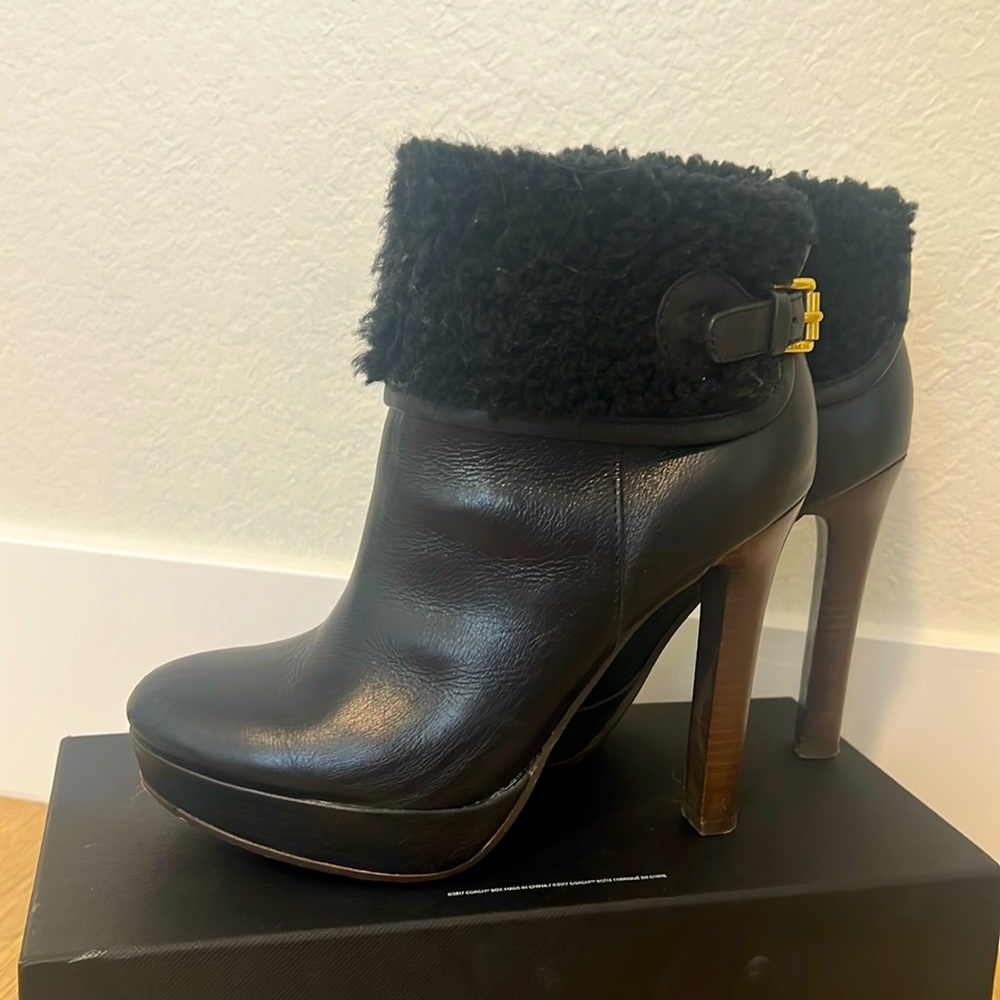 Coach black heeled platform booties w shearling ankles. Size 6